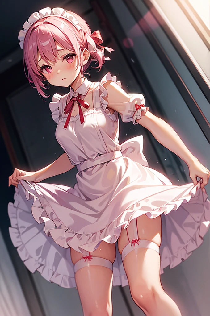 Highest quality、Shiny silk short sleeve puff sleeve pink maid outfit、See-through、Very short skirt、Big red ribbon、A short white ruffled apron、Garter belt with ribbon、Pink high heels with ribbon、Large headband with ribbon、Flushed Cheeks、Embarrassed look、Heavy breathing、Pure white underwear、Soaking wet、storm、Overreaching、Low - Angle