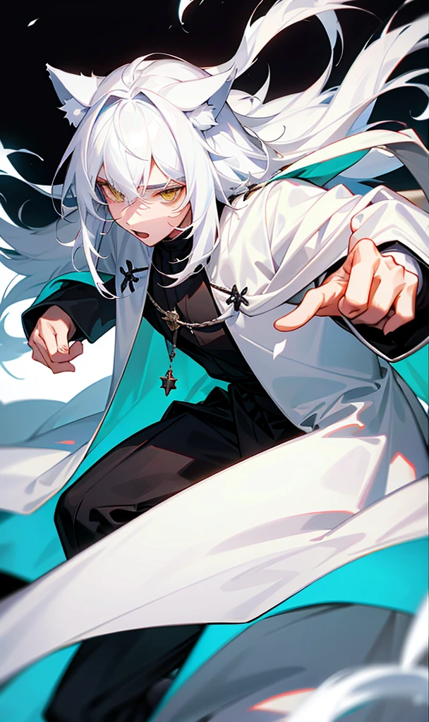 Boy with thick wolf ears on his white head and white wolf tail while his white overcoat and part of his black blouse are in medieval clothing