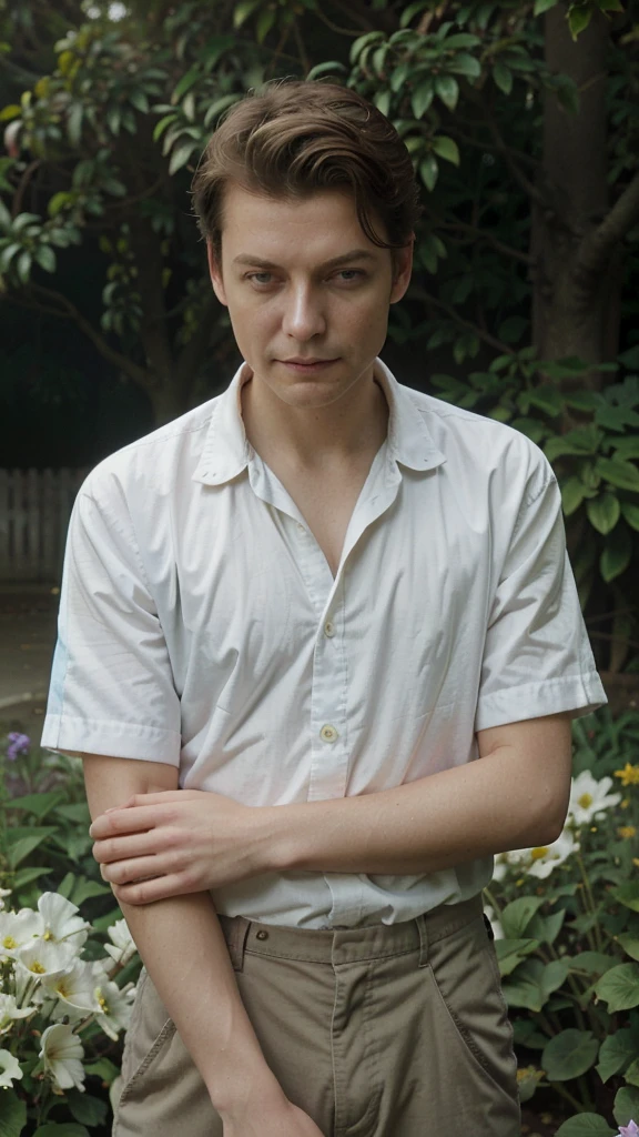 ((masterpiece, best quality))
AWAlex, 1boy, solo, short hair, brown hair, blue eyes, detective, garden, afternoon, gentle filtered light among the flowers
