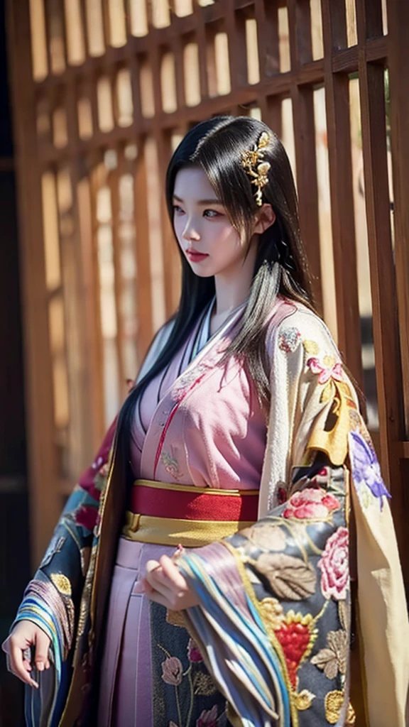 　A beautiful 15-year-old Japanese princess from the Sengoku period with long black hair　Gorgeous embroidery, Ultra glossy, She is wearing a shiny Edo-period princess kimono.　She takes out her nipples and squeezes out the milk