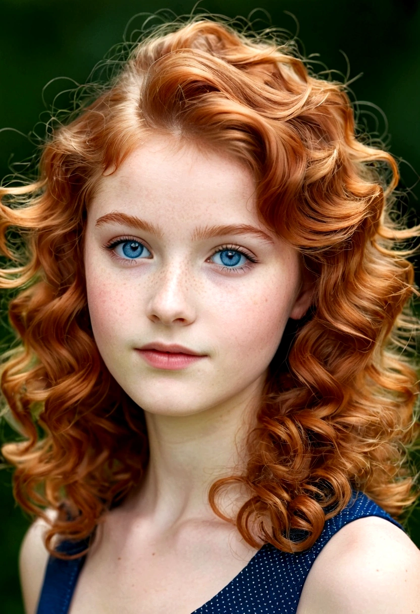"Portrait complet d’une charmante femme de 18 ans aux cheveux bouclés couleur roux, Un look de coiffure de la fin des années 80, petites taches de rousseur, beau visage, Yeux bleu foncé captivants, et taille modeste du buste, mettant en valeur sa beauté naturelle."