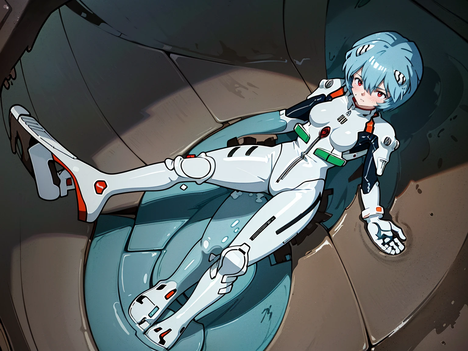 ((Highest quality, 8k wallpaper)),(masterpiece, Highest quality),Very detailed,High resolution,(Official Art:1.3),(((Anime screenshots,Black outline))),One girl,alone, Break mer1,(Rei Ayanami {Neon Genesis Evangelion,}1.2),masterpiece, best quality, outdoor, 1girl, Solo,red eyes,short hair,blue hair, (White plug suit:1.4), skin tight,(Tired look, A look of regret, Struggled, Half-closed eyes, fear, humiliation, Frightened, anxiety:1.3),(((Covered in sweat, Mass sweat, Sweating profusely,steam:1.7))), (kneeling, hands on floor:1.8), (Dirty Costume with mud,gym storeroom:1.5),(((dirty:1.4)))