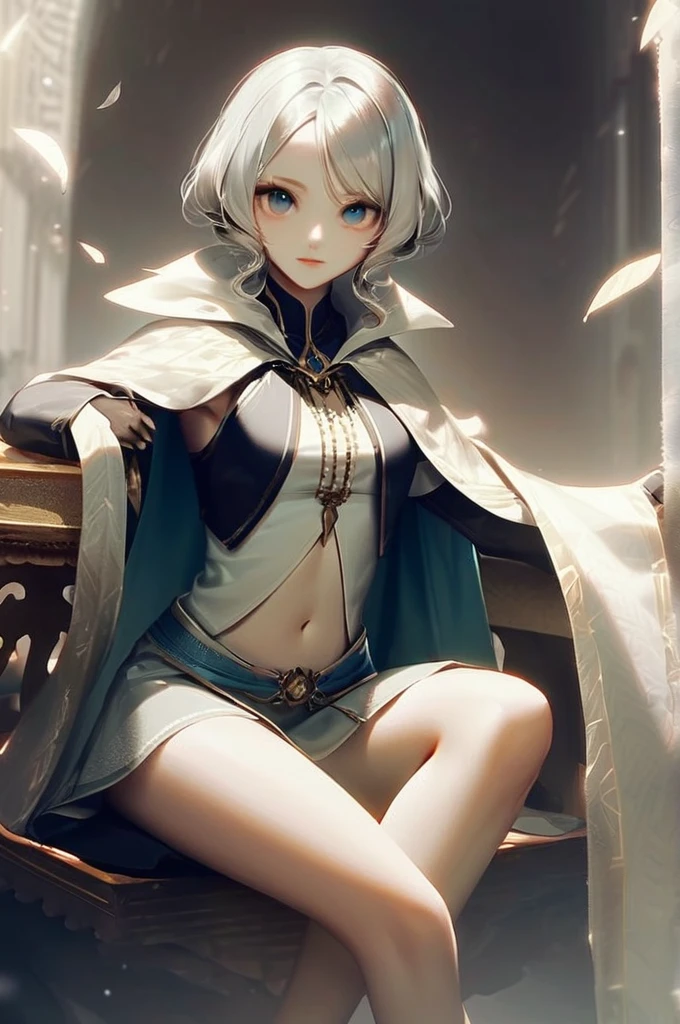 ((Лучшее качество)), ((шедевр)), (подробный), /xpro 1girl, barefoot, breasts, cape, jewelry, looking at viewer, navel, silver hair, sitting, solo
