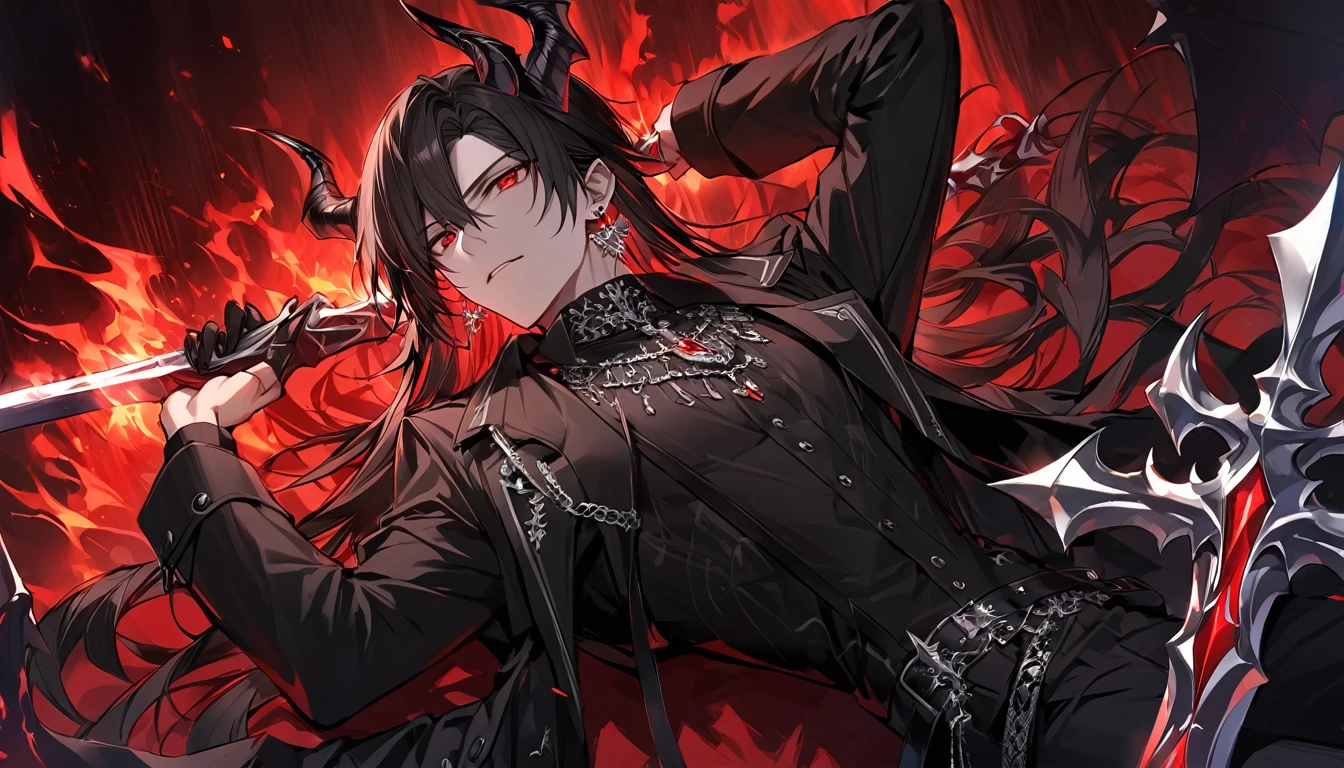 alone, good looking, 1 male, Long hair, Middle parted, Black hair, Red eyes, Black shirt, White Thailand, Black Trench Coat, Royal Silver Jewellery, Royal Demon Earrings, Black horns, Demon Crown, Demonic Greatsword, On Back, Demonic Black flames Aura