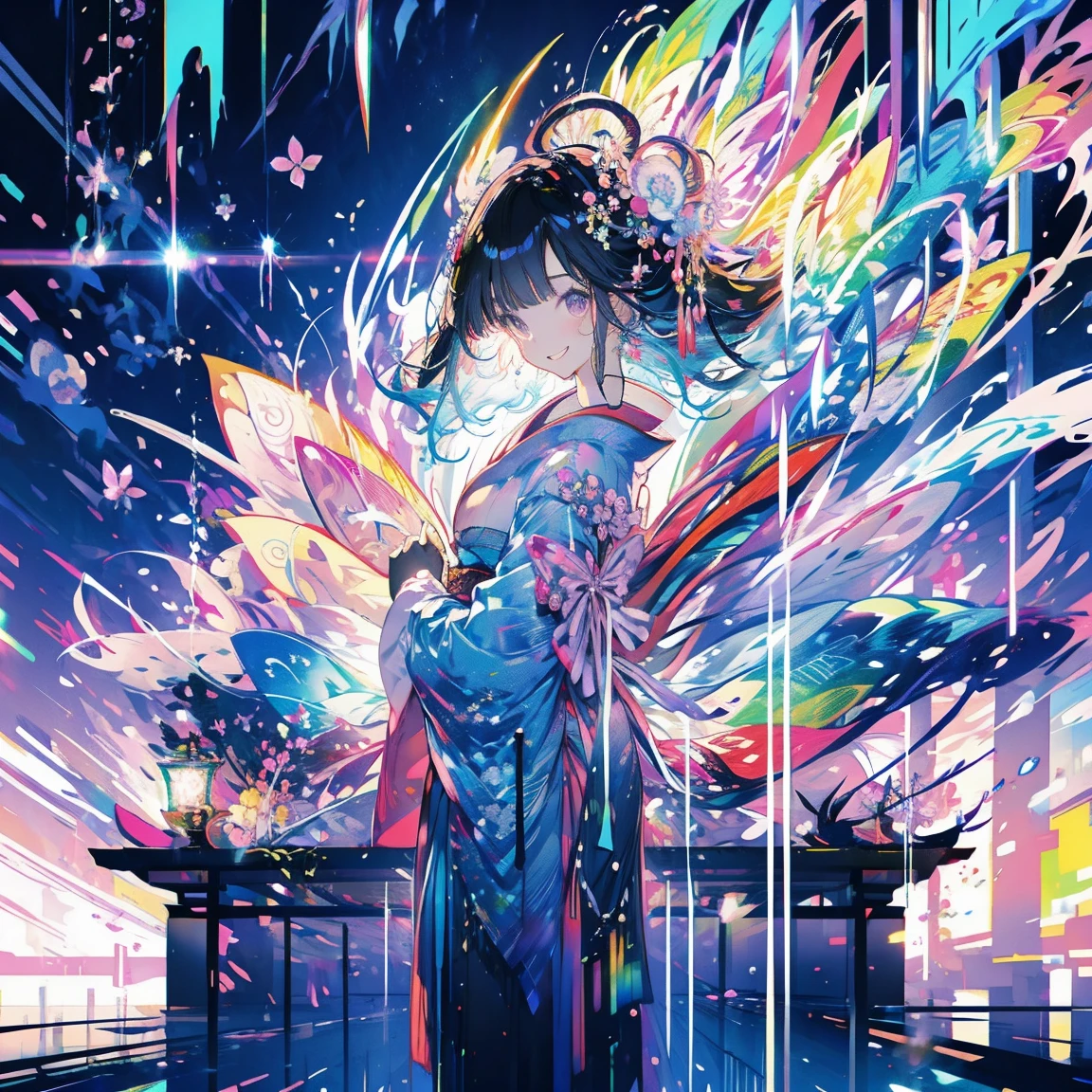 Anime girl standing in big city looking at rainbow sky,Near Future City、 makoto shinkai cyril rolando, anime art wallpaper 4k, anime art wallpaper 4k, Anime art wallpaper 8k, inspired by Cyril Rolando, in the style dan mumford artwork, amazing wallpapers, by Yuumei