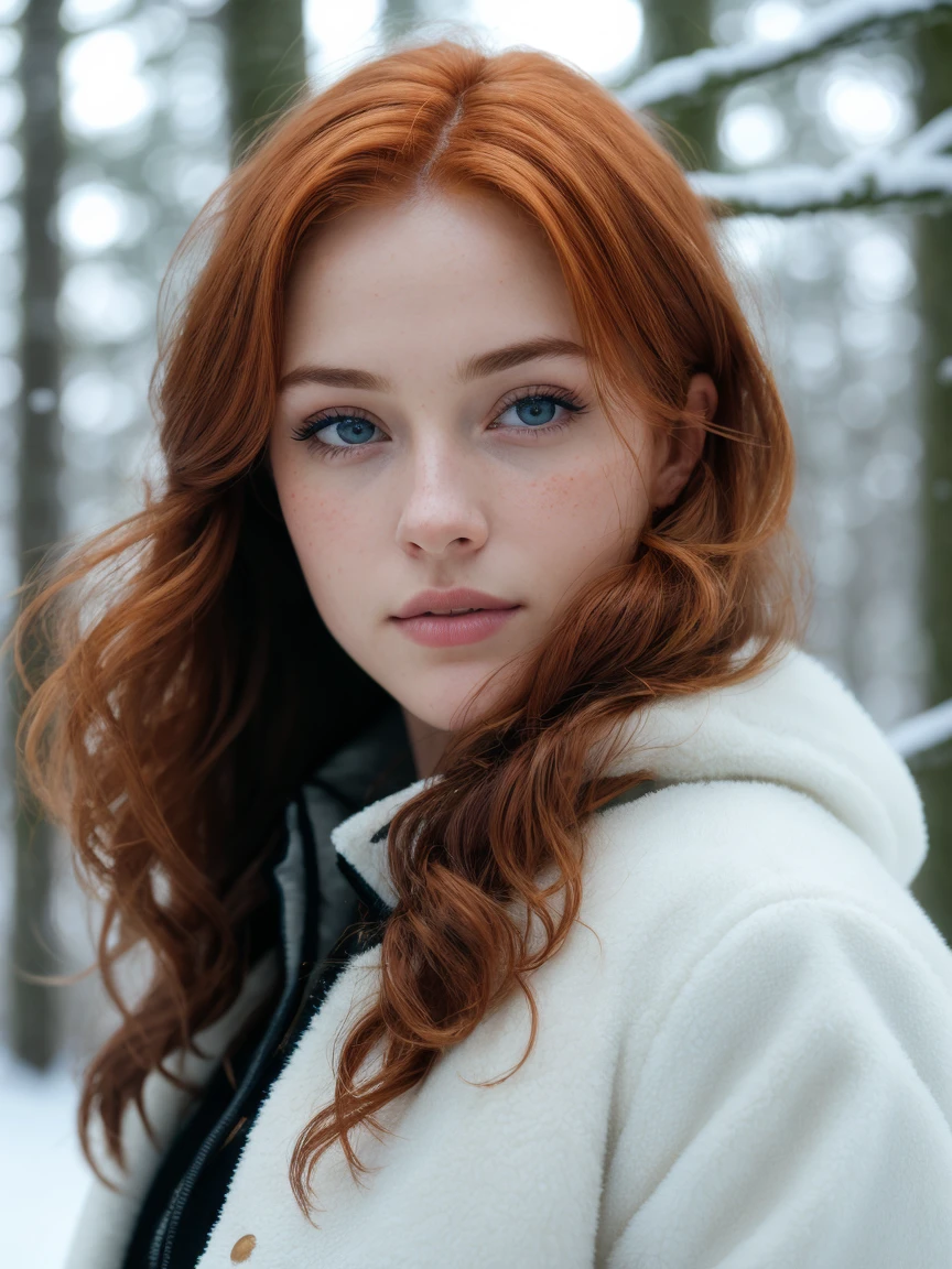 close up of a european woman, ginger hair, winter forest, natural skin texture, 24mm, 4k textures, soft cinematic light, RAW photo, photorealism, photorealistic, intricate, elegant, highly detailed, sharp focus, ((((cinematic look)))), soothing tones, insane details, intricate details, hyperdetailed, low contrast, soft cinematic light, dim colors, exposure blend, hdr, faded