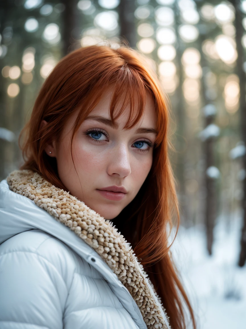 close up of a european woman, ginger hair, winter forest, natural skin texture, 24mm, 4k textures, soft cinematic light, RAW photo, photorealism, photorealistic, intricate, elegant, highly detailed, sharp focus, ((((cinematic look)))), soothing tones, insane details, intricate details, hyperdetailed, low contrast, soft cinematic light, dim colors, exposure blend, hdr, faded