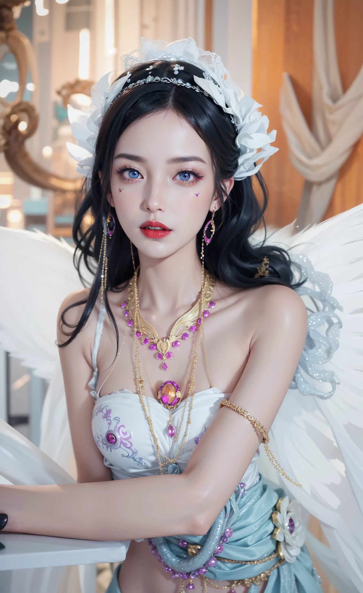 Detailed image quality，Witch Pandora，wing, Succubus Theme，堕落Angel，Excellent，scary，Secret Terror，Tentacles，With eyes，Uncanny Valley Effect，Beast Blood Moon，skeleton，vampire，Hellfire，Dark Queen，Angel，magician magic witch，16岁Angel，Eyes are blue(Pupils as deep as the starry sky)，Gorgeous tattoo designs all over the body，Surreal photos(8K picture quality，Rich in details)，Dark eyeshadow，Sexy thick lips(Red lipstick)，Tattoo designs on body，Dark Queen，Wear luxurious gold jewelry，Sparkling diamond gemstone，breasts   symmetrical，