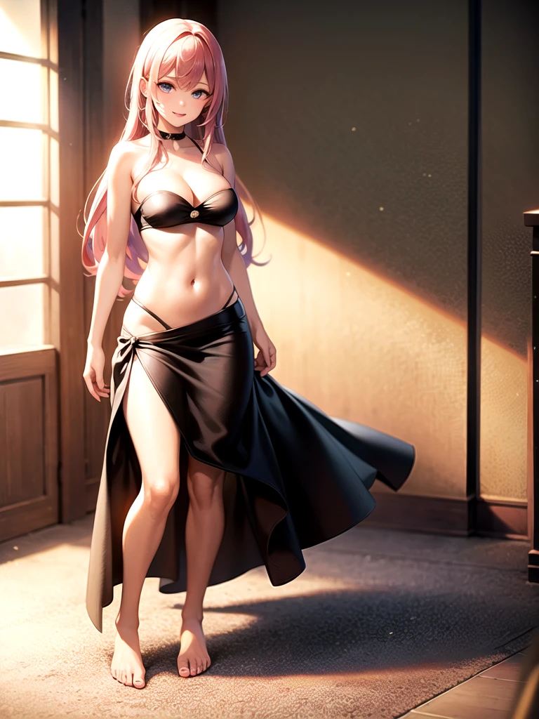 girl,Young,(masterpiece,Highest quality),Street,Bare shoulders、Gal、Pink Hair、smile、passionate、long hair、(Underboob),Big Breasts,Cleavage,(stomach),Mini tube top、looking at the camera、shoes、(Ultra Micro olo、Are standing、barefoot,