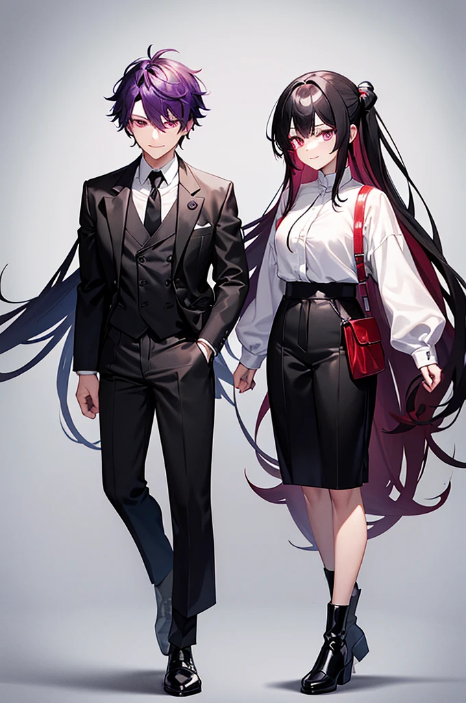 Black and red mesh hair、Purple Eyes、White background、Anime characters、Hair tied together、Wearing a white shirt and a black vest、Black trousers、Leather shoes、Standing smiling、成人male性、male
