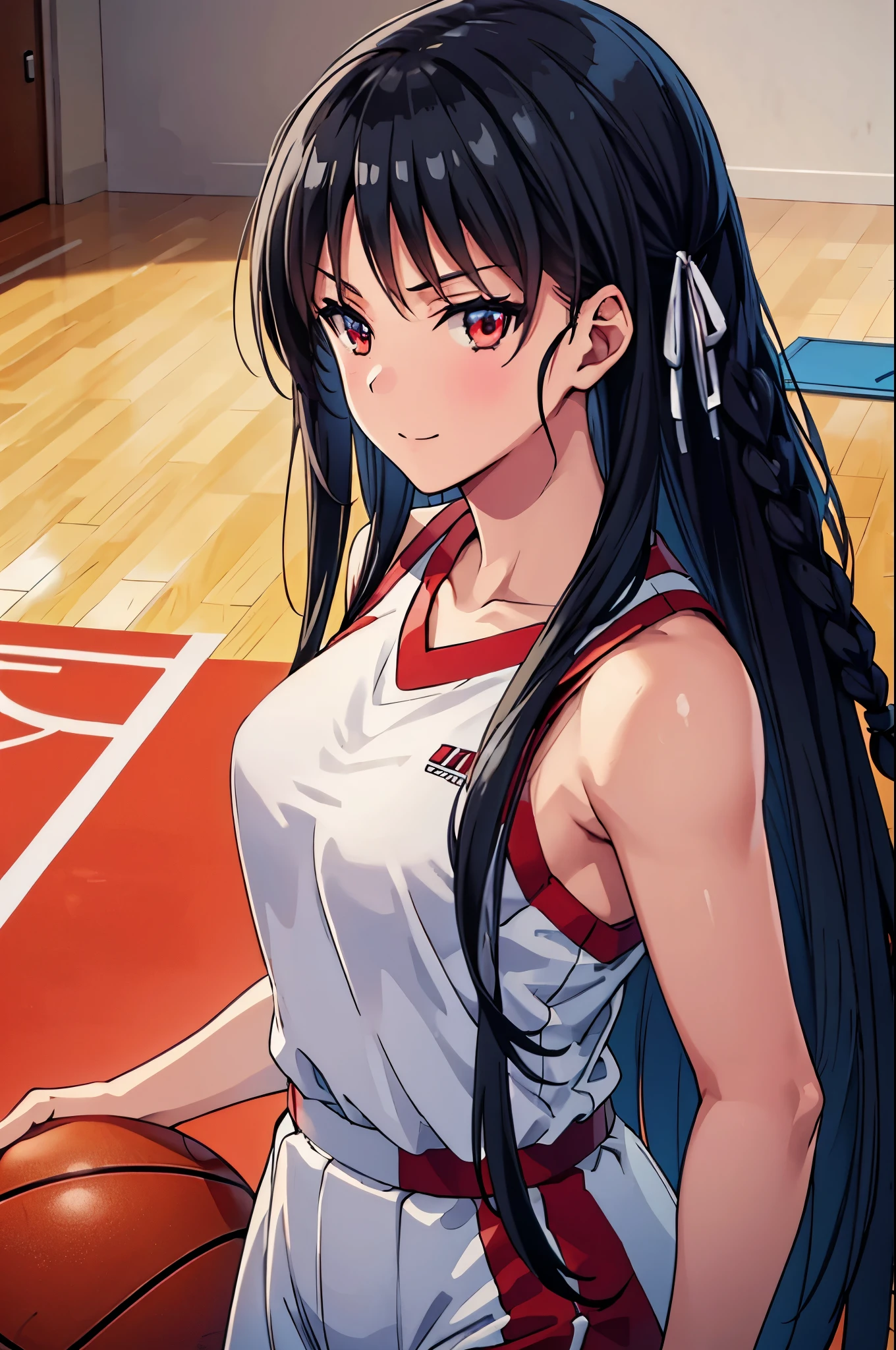 (masterpiece:1.3), (best quality:1.1), (8k, ultra detailed, ultra high res:1.2), ((anime style)), perfect 5 fingers, perfect anatomy, 
1girl,
BREAK long hair, braid, black hair, red eyes, smile, (medium breasts:0.9), 
BREAK basketball uniform, Sleeveless, cowboy shot, BREAK perfect light, standing, (detailed background:1.1), inside, indoors, Gymnasium, (basketball), (Basketball court:1.2), crowd, 