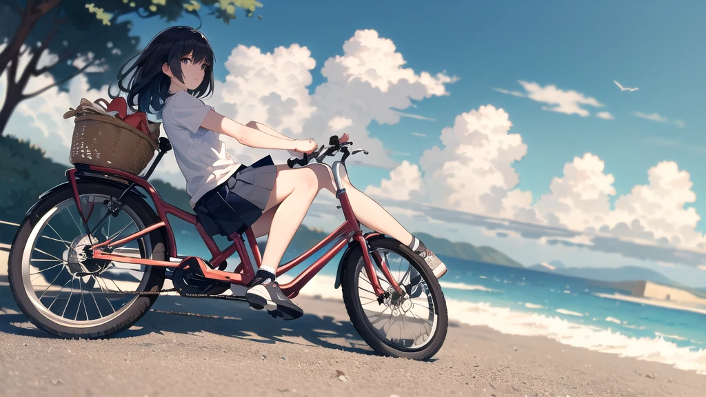 best quality,,bike,1 Girl,outdoor,bike basket,sky空,cloud,shirt,skirt,,ocean,white shirt,sky,horizon,Black Hair,Depth of Field,wind景,Vague,Long hair,,blue sky空,Short sleeve,riding,shoe,dappled Sunlight,sock,HILL,Sunlight,Flowing hair,pleated skirt,Tree,六翼sky使,Knee-length,water,short hair,road,basket,In the shade,夏sky,Grass,wind,plant,sit,女式shirt,Pants, 