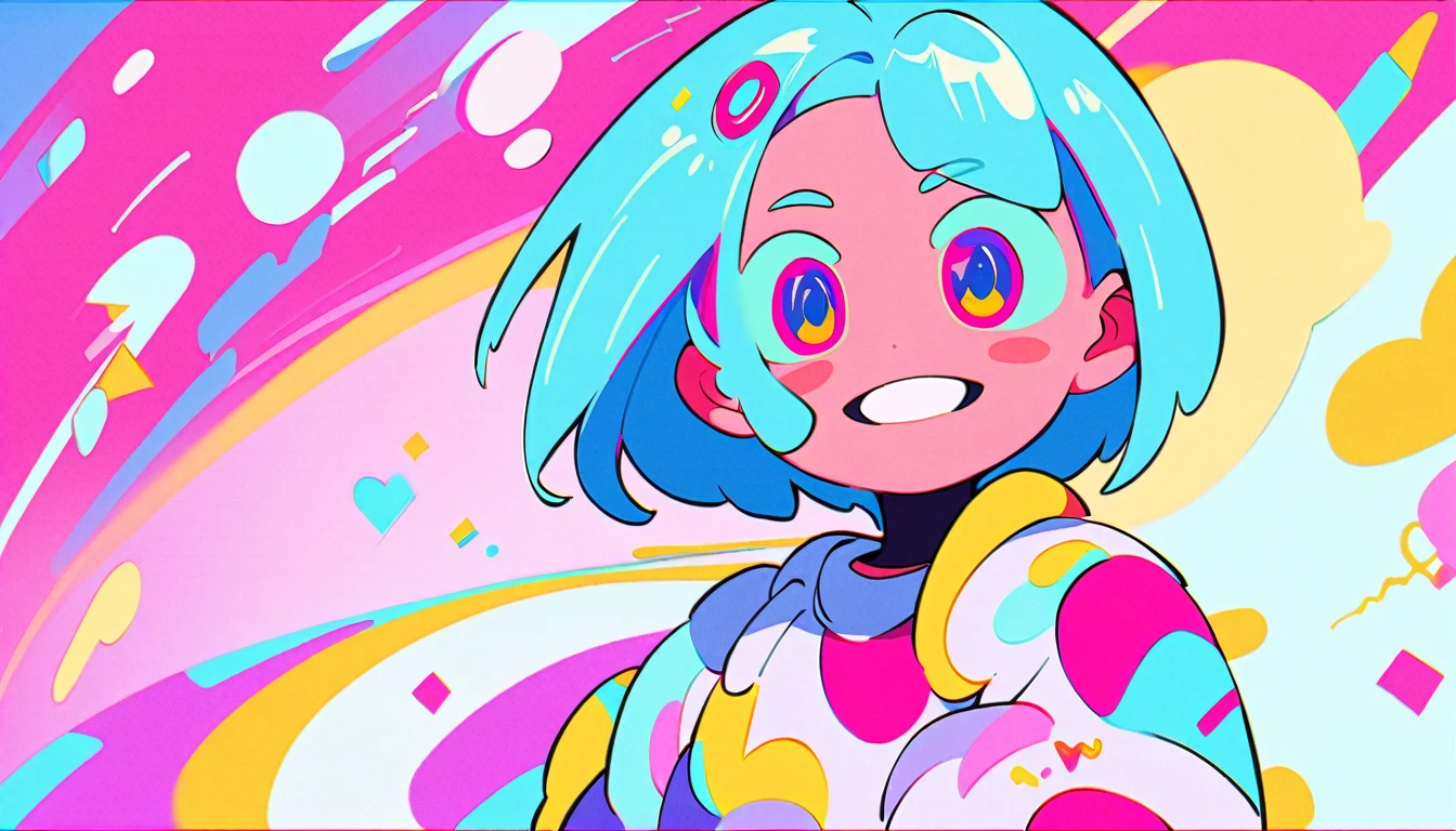 Vibrant art,pop、bright、colorful, 1 female, Light blue hair, short hair、Happy,cute, animation style, kawaii, clearly, colorful cyberpunk, bubblegum pop, cute、Pink and light blue as main colors、I'm cheering loudly、 Headphonesをしている、Headphoneusic、buzzer、buzzer, tropical,