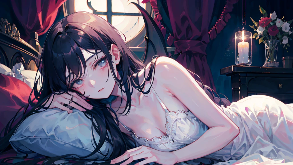 In a room of dark and mysterious hues, bathed in the silver light of the moon filtering through the velvet curtains, rests a young succubus. Her pale skin contrasts with her night-black hair, scattered around her head on the silk pillow. Her wings folded gently around her, similar to those of a bat, add a touch of strangeness to her haunting beauty. She wears a light nightgown that delicately reveals her sensual curves. Her expression is peaceful, her long eyelashes shading her delicate cheeks as she dreams in a deep, enchanting sleep. Around his bed, mystical symbols and unlit candles suggest a magical and secret atmosphere. The silence of the night is broken only by his slow, steady breathing.