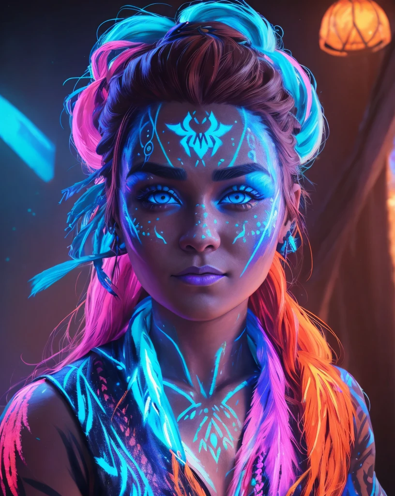 Blacklight painted on Aloy's face, Aloy is a fictional character and protagonist of the 2017 video game Horizon Zero Dawn face, closeup blacklight