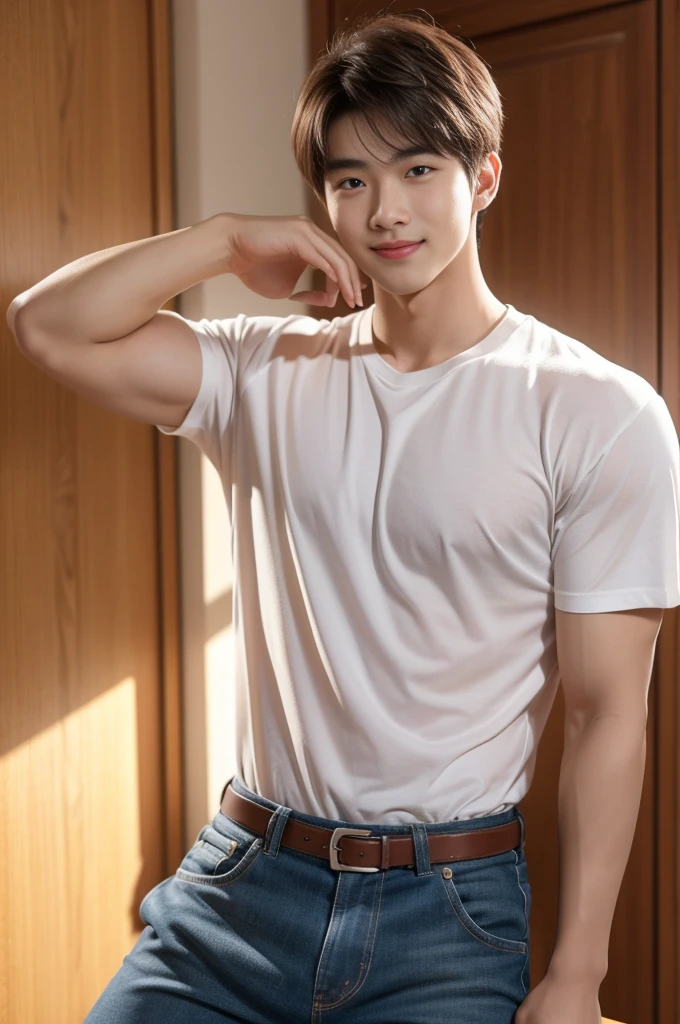 male handsome 20-year-old handsome shirt guy,looking to the camera,frontage,high qulity,tmasterpiece,8K.4K,1080P,Light-sensitive, ยิ้ม, ,มุมกว้าง