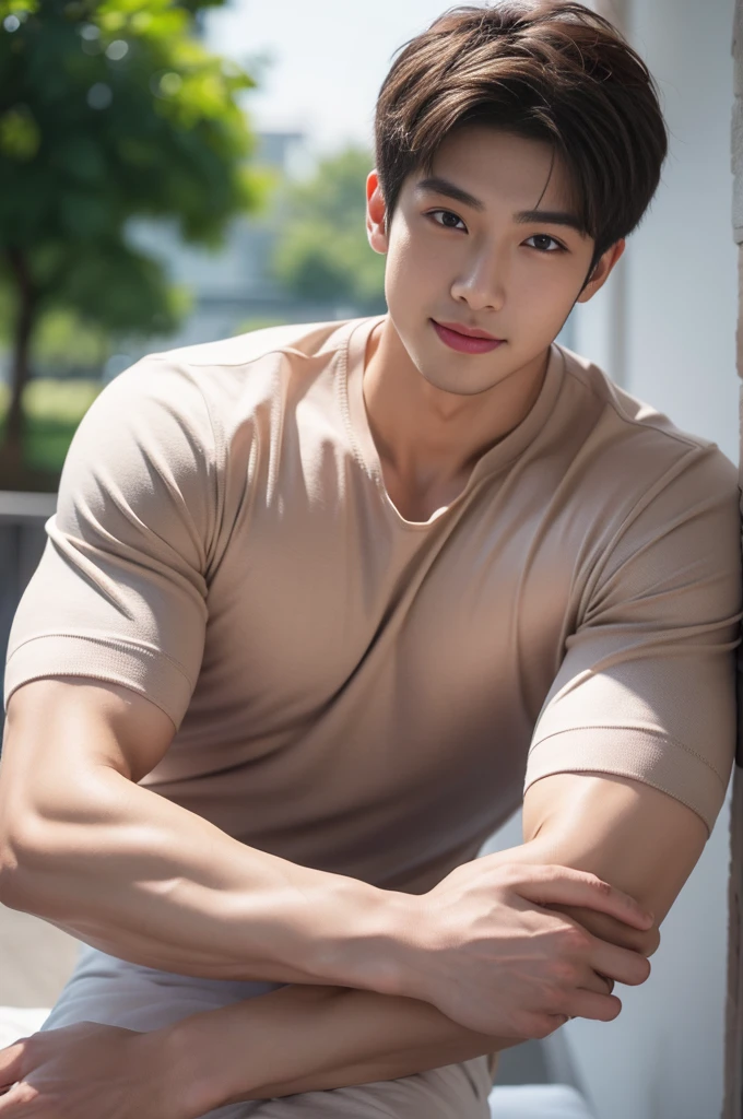 male handsome 20-year-old handsome shirt guy,looking to the camera,frontage,high qulity,tmasterpiece,8K.4K,1080P,Light-sensitive, ยิ้ม, ,มุมกว้าง
