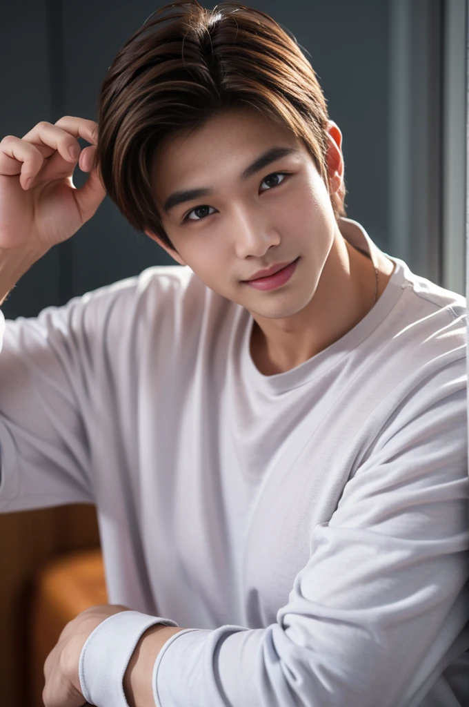 male handsome 20-year-old handsome shirt guy,looking to the camera,frontage,high qulity,tmasterpiece,8K.4K,1080P,Light-sensitive, ยิ้ม, ,มุมกว้าง