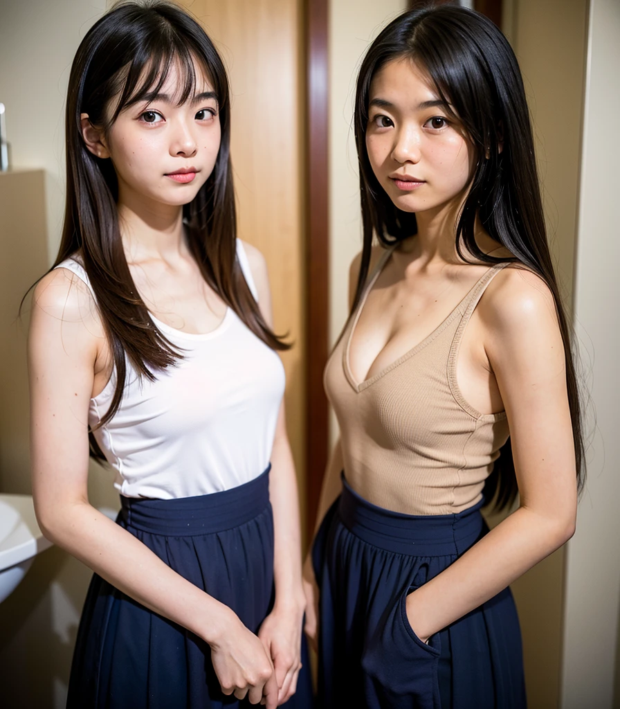 Highest quality, Ultra-high resolution, 
RAW Photos, 9:16 Japanese Girls, , 
One person, 
cute, Baby Face, Small breasts, modst, Flat chest, 
144cm. 35kg, 
Black Hair, Straight Hair, 
Super Straight Long Hair, 
one piece, Long skirt, 
Restroom, 
