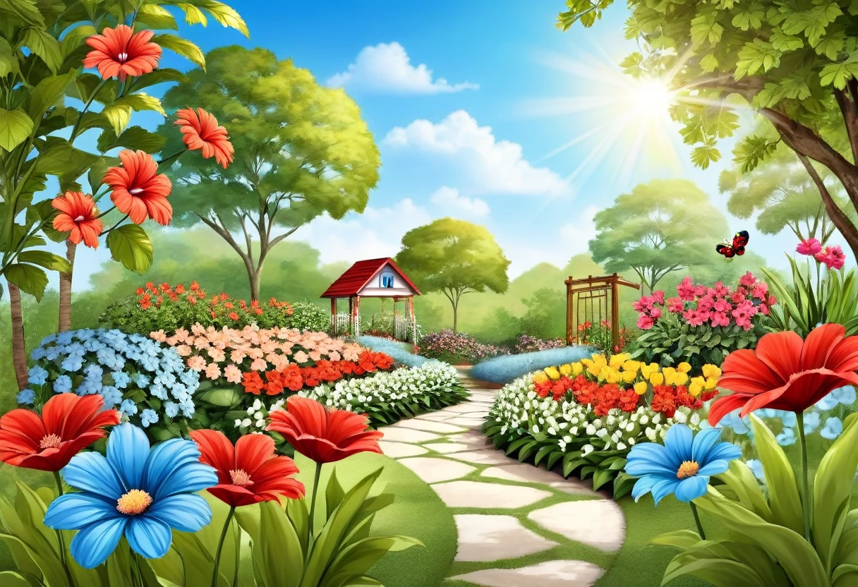 um Garden com gerberas, hibiscus, tulips and ladybugs, Garden. Background com um lindo céu azul