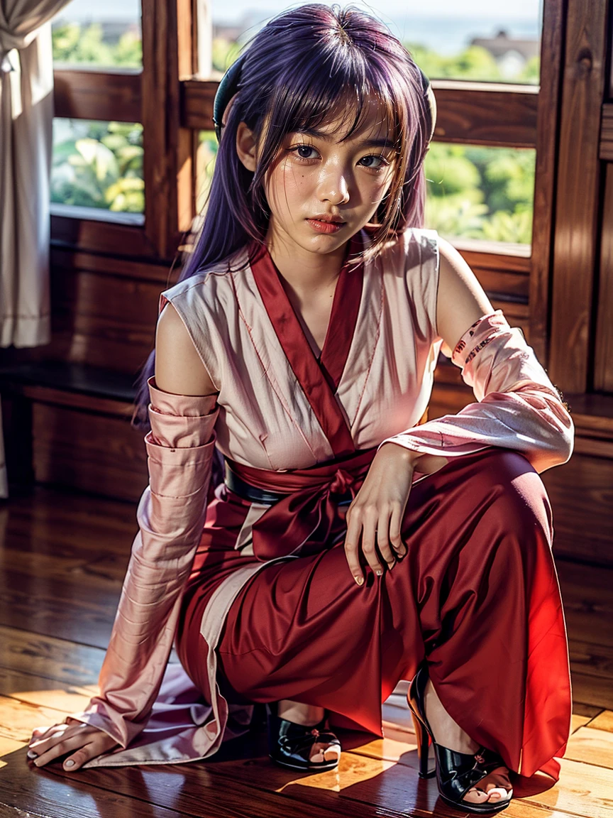 (1 girl), (Best quality at best:1.4), (ultra - detailed), (extremely detailed CG unified 16k), A Beautiful Girl: 1.4, Sharp Focus: 1.2, very detailed, High-definition RAW color photo, professional photoshooting, amazing face and eyes, (amazingly beautiful girl), ((Hanyuu,  girl)), ((japanese clothes, miko, detached sleeves, hakama, hakama skirt, skirt, red hakama, ribbon-trimmed sleeves)), standing, (Dark and stylish inside temple), (look from down), realistic cinematic face, head to feet long wide zoomed out view, full body long view, photorealistic, ((realistic natural purple hair style, horns, long hair, purple eyes, blush)), extremely beautiful face, perfect beauty, pout mouth, Highly Detailed Face and Skin Texture, Detailed Eyes, Double Eyelids, Small Breasts, cleavages, western, (masterpiece), best quality, high resolution, extremely detailed, blurred background, depth of field, cinematic lighting, amazing legs, high heels, clear and well-cared skin, drinking grape juice