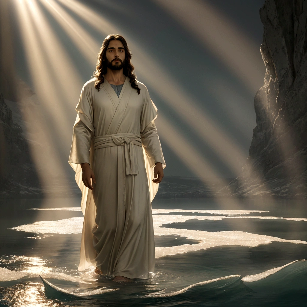 A serene and powerful representation of Jesus Christ walking on the waters of a lake. He is standing, with rays of sunlight softly illuminating his face and robes. The scene conveys a sense of calm and miracle, highlighting the figure of Jesus in period clothing.