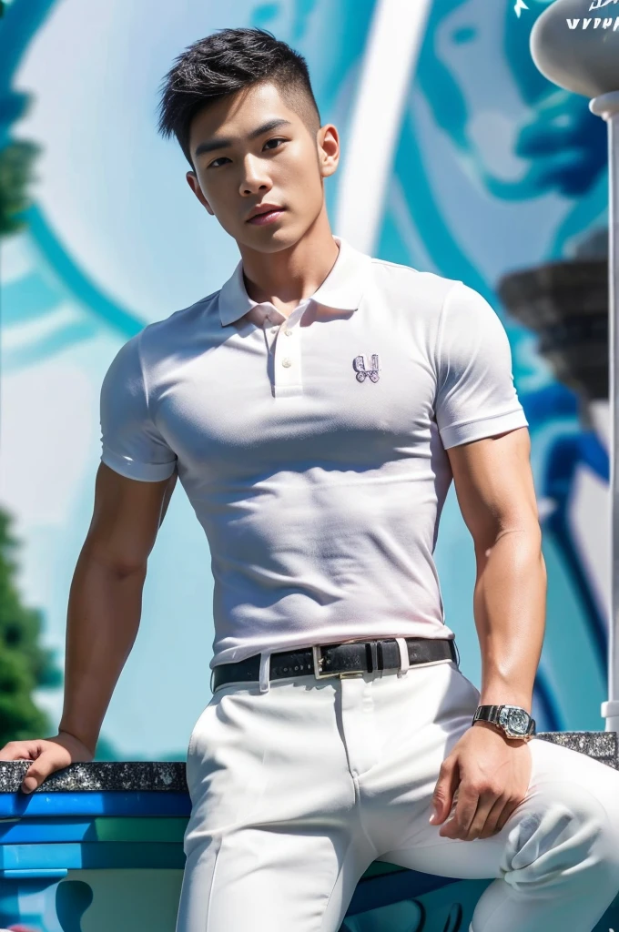 25 year old muscular Asian man, The face looks like that of an Indonesian artist., Bold and cool, Wear a tight white polo shirt., chest visible, Wear black trousers., ((in wonderland)), Pose, Photo model, Very high quality, Very high resolution,