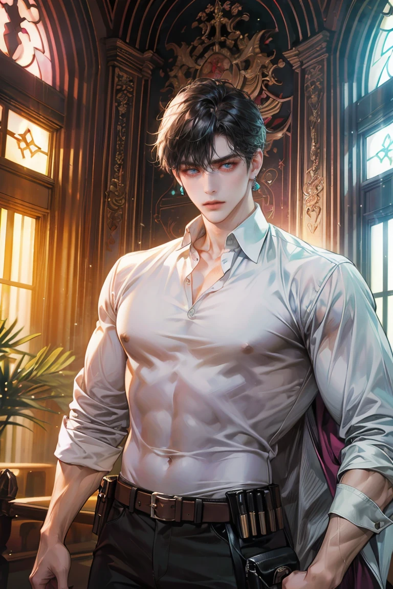 (absurdres, highres, ultra detailed, original character, HDR), 1 russian boy, solo, adult, handsome, ((tall muscular guy, broad shoulders)), finely detailed eyes, (black hair), hair between eyes, turquoise eyes, holographic, futuristic, casual and sexy outfit, gun holster, (body tight white shirt), (large man breasts), ((wearing an earring)), cowboy shot, dutch angle, face focused, british colonial room scenery, dystopian hong kong city, indoor, Cyan, Magenta, long face, closed mouth, looking at viewer, depth of field, bokeh