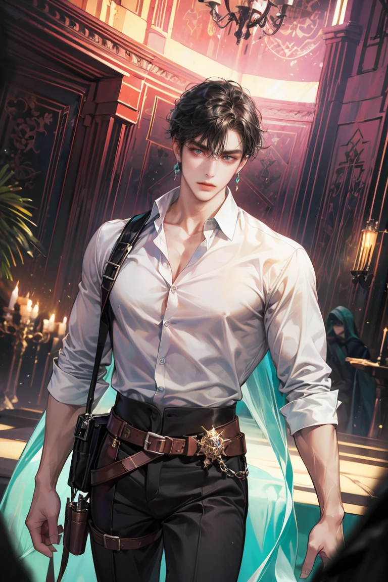 (absurdres, highres, ultra detailed, original character, HDR), 1 russian boy, solo, adult, handsome, ((tall muscular guy, broad shoulders)), finely detailed eyes, (black hair), hair between eyes, turquoise eyes, holographic, futuristic, casual and sexy outfit, gun holster, (body tight white shirt), (large man breasts), ((wearing an earring)), cowboy shot, dutch angle, face focused, british colonial room scenery, dystopian hong kong city, indoor, Cyan, Magenta, long face, closed mouth, looking at viewer, depth of field, bokeh