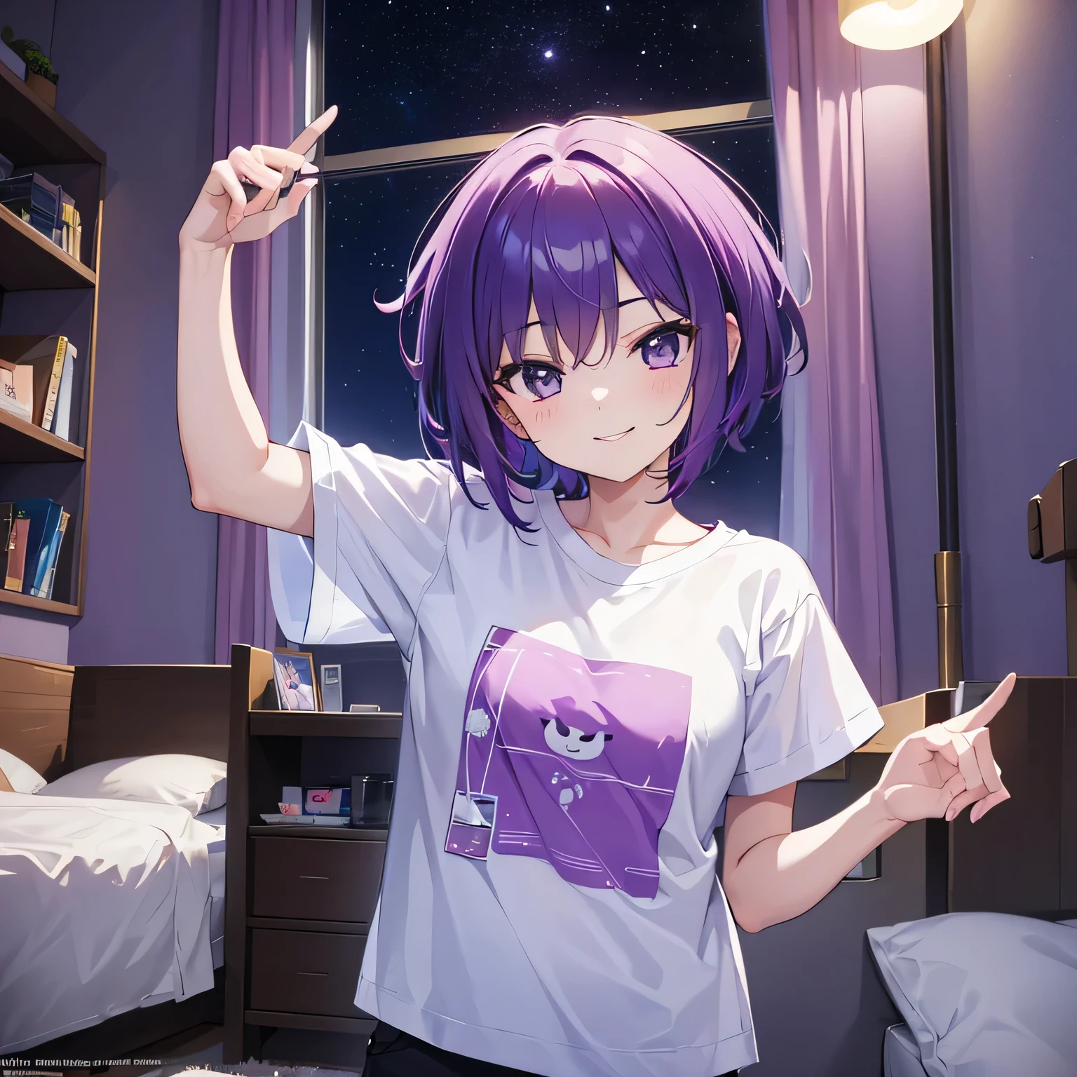 (T Masterpiece，4k wallpaper，Best Quality))、((girl１people))、(solo)、Bright and Brilliant，(Purple Hair)、(short hair:1.3)、smile、Bedroom、T-Shirts、night