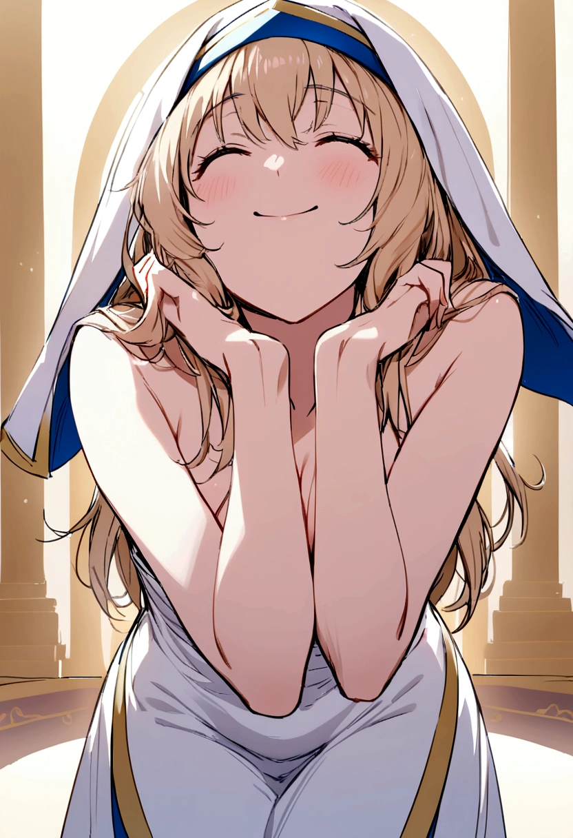 Looking forward, cleavage, priestess, happy, arms together, arms stretch forward, lean forward, bare skin, less clothing, arms straight