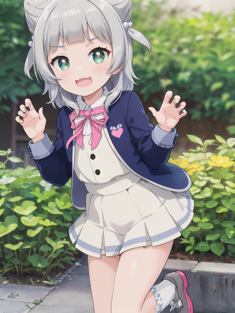 Outdoor,((the way)),, 1girl,Green Eyes, Grey Hair, hair ornaments, bangs, Virtual YouTuber,smile,heart shaped pupils, blunt bangs, Double Bang, Animal ears, Flat Chest,uniform,Navy Blue Blazer,White shirt,Pink ribbon,Grey Skirt,Pink Panties,I have a pink camera,Bring the camera closer to your face,Hold the camera,claw pose,Open your mouth wide,