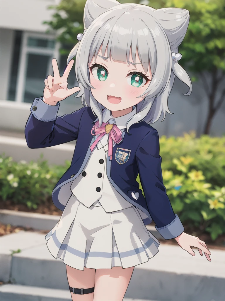 Outdoor,((the way)),, 1girl,Green Eyes, Grey Hair, hair ornaments, bangs, Virtual YouTuber,smile,heart shaped pupils, blunt bangs, Double Bang, Animal ears, Flat Chest,uniform,Navy Blue Blazer,White shirt,Pink ribbon,Grey Skirt,Pink Panties,I have a pink camera,Bring the camera closer to your face,Hold the camera,claw pose,Open your mouth wide,