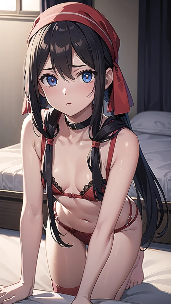 pokemonmay, pokemonmay, blue eyes, brown hair, bandana, long hair,bandana, twintails, hair between eyes, (small breasts:1.2), red lingerie,stocking suspenders,cleavege,neckline,black choker, BREAK looking at viewer, BREAK ,room,candles, night,bed, BREAK (masterpiece:1.2), best quality, high resolution, unity 8k wallpaper, (illustration:0.8), (beautiful detailed eyes:1.6), extremely detailed face, perfect lighting, extremely detailed CG, (perfect hands, perfect anatomy),from behind,bend over,on knees,