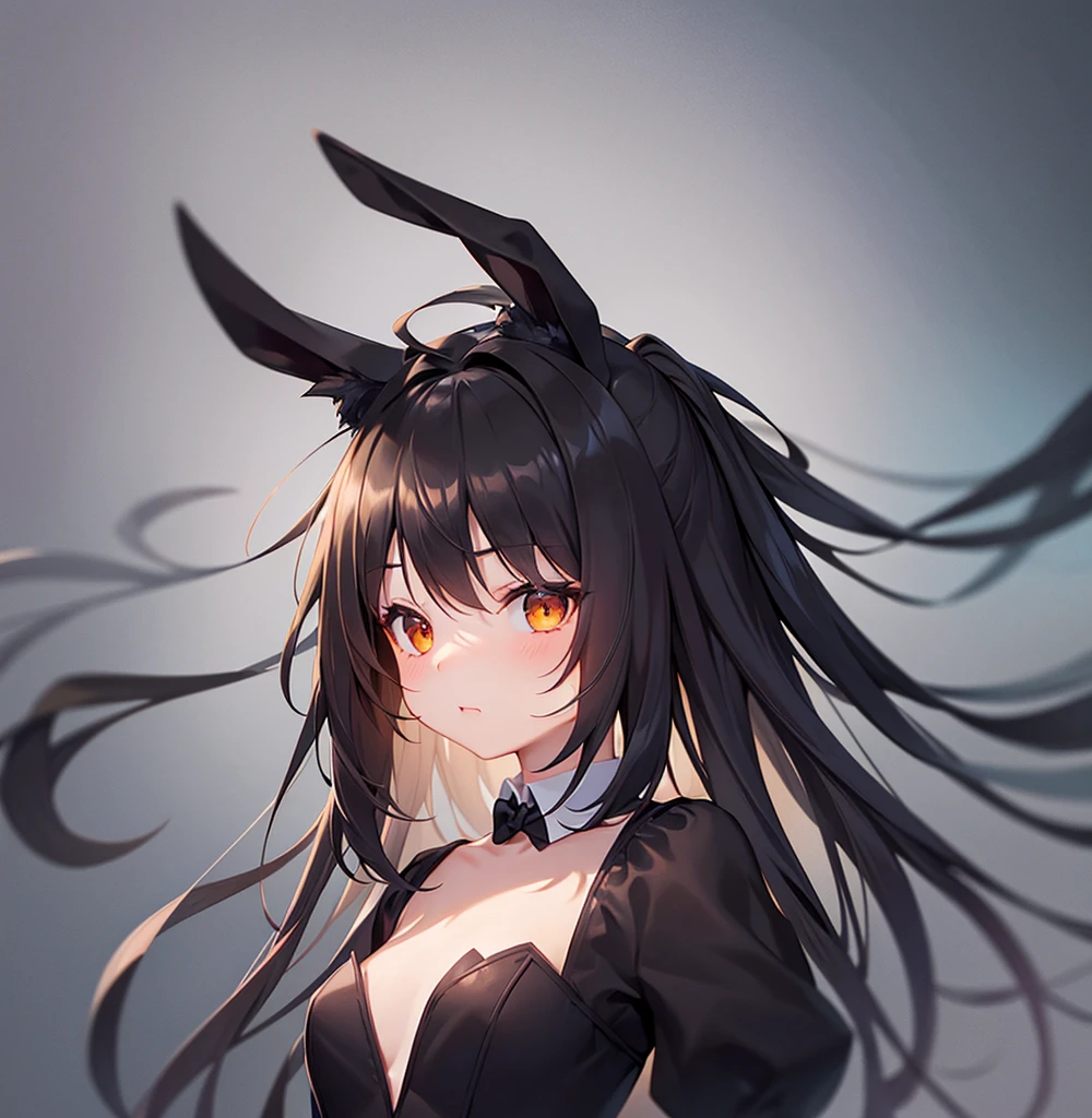 (Bunny girl),Cute little ,Tiny ,Small girl,,Childish face, Very fine clean face,Top quality,Black Hair,(Dark Room), Subtle light, Natural light,Soft lighting,Light from directly behind, (Are standing),With bust up,Front view,Black background