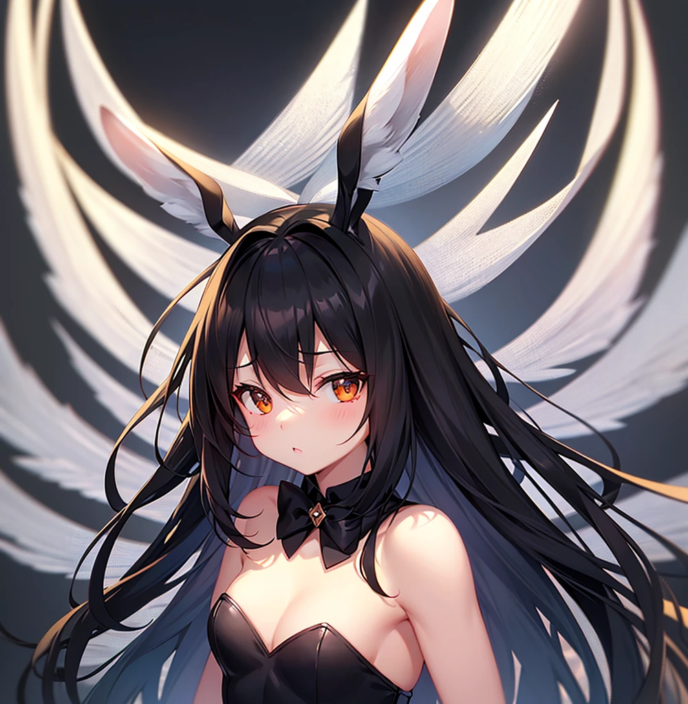 (Bunny girl),Cute little ,Tiny ,Small girl,,Childish face, Very fine clean face,Top quality,Black Hair,(Dark Room), Subtle light, Natural light,Soft lighting,Light from directly behind, (Are standing),With bust up,Front view,Black background