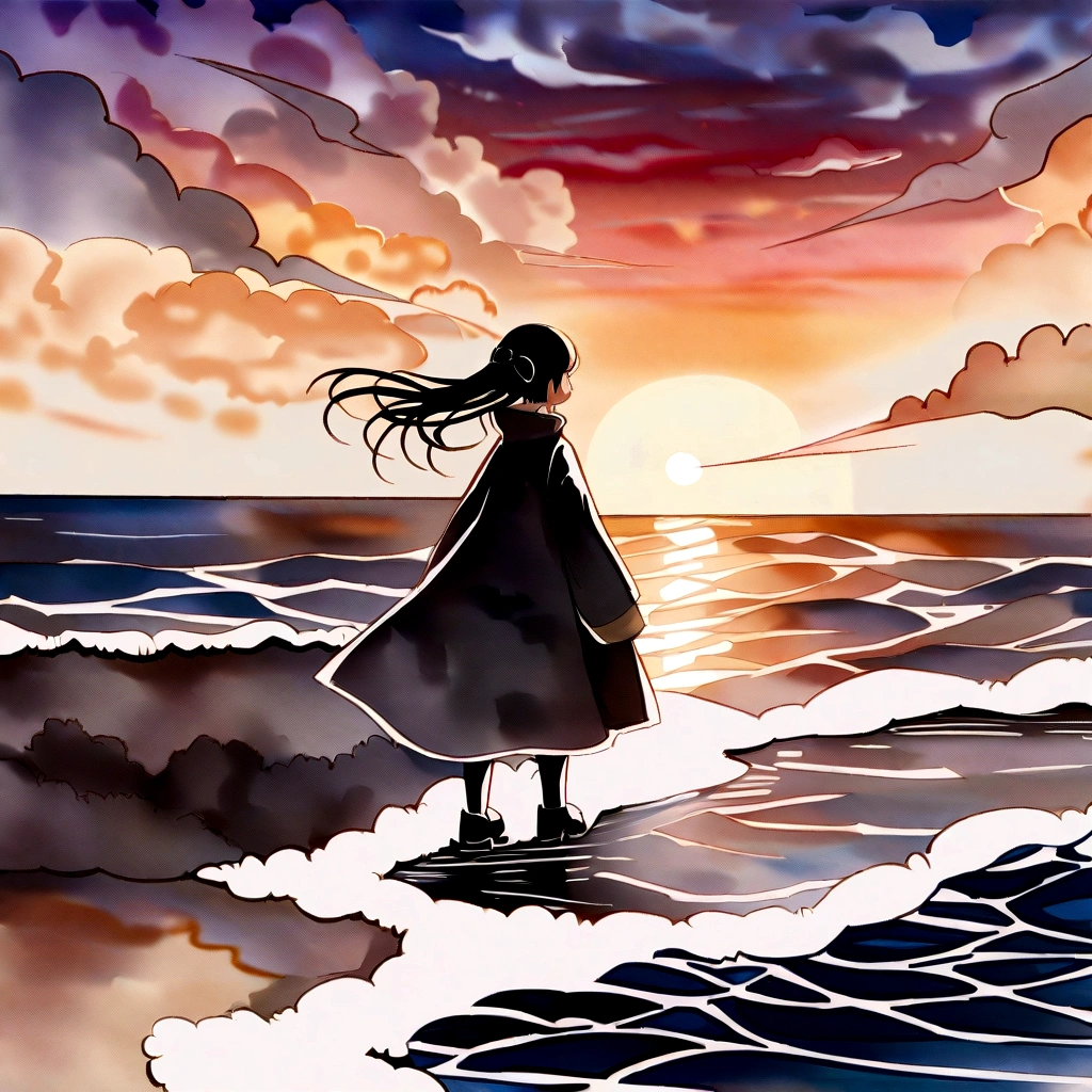 A watercolor masterpiece depicting the sunset over the ocean, Sky and water merge in a harmonious dance of warm and cold tones.
Descriptive keywords: Harmonious sunset, Tianshui Fusion, Watercolor fusion, Quiet days at night, artistic interpretation.
camera type: watercolor board.
TIME OF DAY: sunset atmosphere.
artwork style: Art and harmony.
por artista: Sunset Harmony - AR 16:9