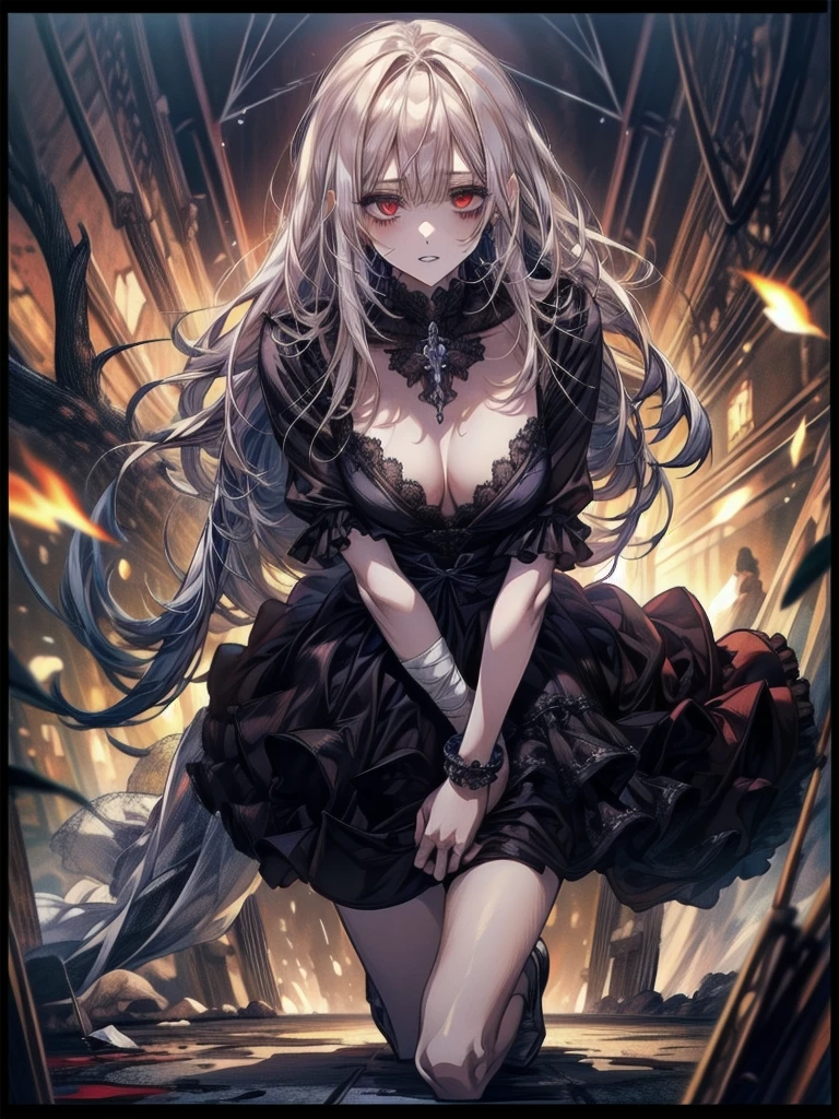 Highest quality, Highest quality, 16K, Unbelievably absurd, Very detailed, 2.5D, delicate and dynamic, spooky night, Small faint lights and flying fireflies, night, lightning, One, Poisonous spiders, Very delicate facial expressions, 繊細なeyeの描写, Upper body close-up, erotic,, sole beautiful sexy lady, 22-year-old woman, Height: 170cm, Big companies go bankrupt, Complex wedding dress structure, Bloodまみれのface, anger, Fight, 太い木の枝が私のwhole bodyを絡めとる, mouthから炎を投げる, Throwing fire at trees、Crazy Smile, 狂ったeye, A cute and luxurious hair band,(masterpiece:1.2, Highest quality), (Actual Photos, Intricate details), Scary atmosphere、Distorted facial expressions、Horror Art、Bloodの雨、Bloodを流す、Bloodしぶき、悪魔のeye、redいeye、scar、、火scar、whole body、Torn hair of a woman dressed in slave clothing、(Long Hair)、(eyeにかかる長さの前髪)、Black Hair、(((eyeの下のクマ)))、青白いskin、Feeling unwell、Pathological、邪悪な笑face、狂ったeye、(Grin)Dramatic makeup,Create mixed media art、,Horror 1 Girl, Open_mouth, , red_eye, Blood, Tilt_red_skin, Injury, Blood_in addition_face, Bandaged_arm, Blood_in addition_zombie, Blood_in addition_hand , Open your eyelids wide, The trend is all, mouthを大きくOpen, mouthを開けてteethをむき出しにする,獣のような鋭いteeth, Wide lips, 非常に広いmouth, Vermilion cheeks, blonde, Princess Cut, Ribbon hair ornament, brooch, Otaku Room, Well-built body, Nice body, Ample breasts, Thick body,eyeを大きく開いて、Scary atmosphere、Distorted facial expressions、ねじれた笑face、Bloodまみれの、頭からの出Blood、Bloodしぶき、whole body、Long Hair、Long bangs、Well-built,Broad shoulders,I focus,(face),Messy Hair,いeye,(光るeye),(Bloodしぶき:1.6),red信号,笑face,big 笑face,teeth,psycho 笑face,gesugao,Dark city background,darkness,night,(close),良いeye, 良いteeth,サディスティックな笑face,,all,光沢のあるskin,詳細なface,Beautiful body, whole bodyから湯気が出ている Steam like a sauna room fills the screen... mouthからの白い息 Luxurious lace long gloves