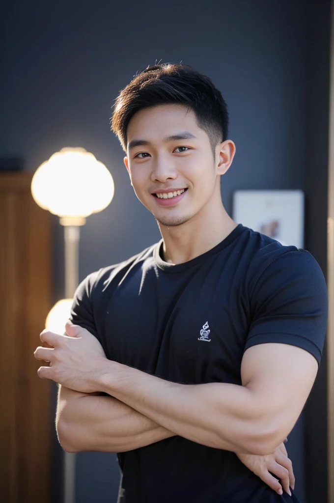 ((Highest quality, 8K, Masterpiece: 1.3))、Thailand Laos Burma Asia, Thai man, A handsome Asian rugby player with short hair, a muscular beard, and big muscles., 1A man who has、 yo、Good appearance、Beautiful nose、smile、 Detailed eyes and face、beautiful light、(studio)、high resolution、(Look at the viewer.)、Fine mouth、smile、whole body: 1.5, perfect shape: 1.3, Picture of both shoulders:1.3, Navy blue round neck t-shirt:1.5
