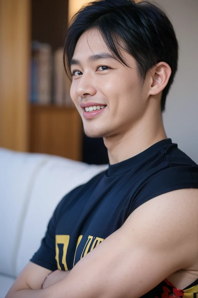 ((Highest quality, 8K, Masterpiece: 1.3))、Thailand Laos Burma Asia, Thai man, A handsome Asian rugby player with short hair, a muscular beard, and big muscles., 1A man who has、 yo、Good appearance、Beautiful nose、smile、 Detailed eyes and face、beautiful light、(studio)、high resolution、(Look at the viewer.)、Fine mouth、smile、whole body: 1.5, perfect shape: 1.3, Picture of both shoulders:1.3, Navy blue round neck t-shirt:1.5