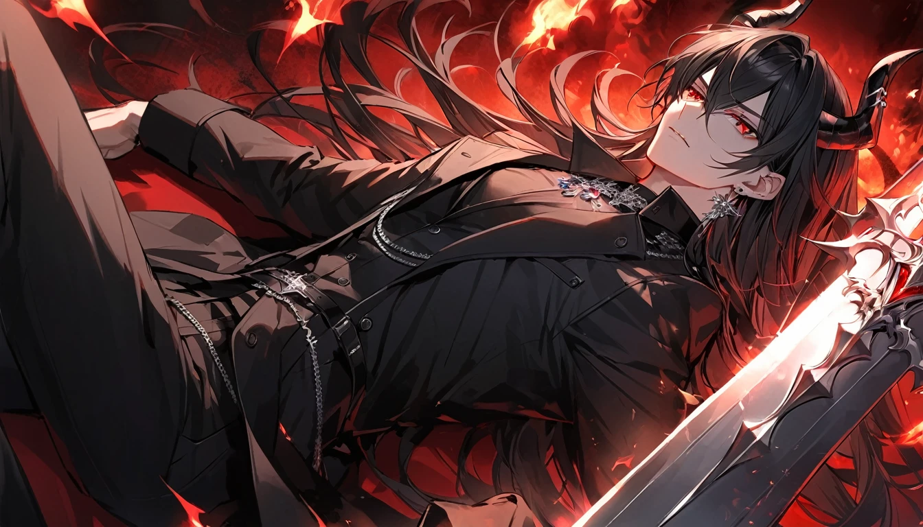 alone, good looking, 1 male, Long hair, Middle parted, Black hair, Red eyes, Black shirt, White Thailand, Black Trench Coat, Royal Silver Jewellery, Royal Demon Earrings, Black horns, Demon Crown, Demonic Greatsword, On Back, Demonic Black flames Aura