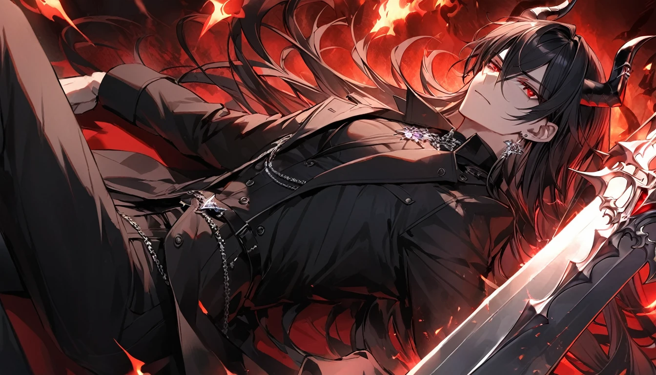 alone, good looking, 1 male, Long hair, Middle parted, Black hair, Red eyes, Black shirt, White Thailand, Black Trench Coat, Royal Silver Jewellery, Royal Demon Earrings, Black horns, Demon Crown, Demonic Greatsword, On Back, Demonic Black flames Aura