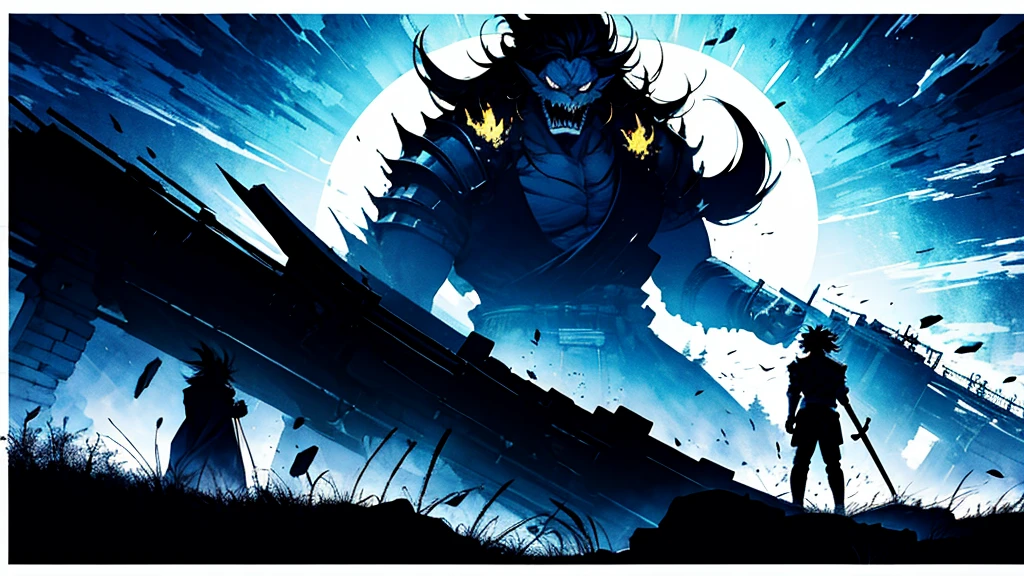 A heroic anime character stands tall and defiant, facing a colossal monster in a dramatic showdown. The perspective is from behind the character, capturing the scene from their viewpoint as they look up at the towering beast. The character is clad in detailed, shining golden armor, holding a sword in each hand. An aura of golden light radiates from the character, reminiscent of Goku's aura from Dragon Ball. The monster is massive and intimidating, with sharp claws, fangs, and a menacing presence. The background is a desolate landscape, with a moody, ominous sky, adding to the tension of the imminent battle.