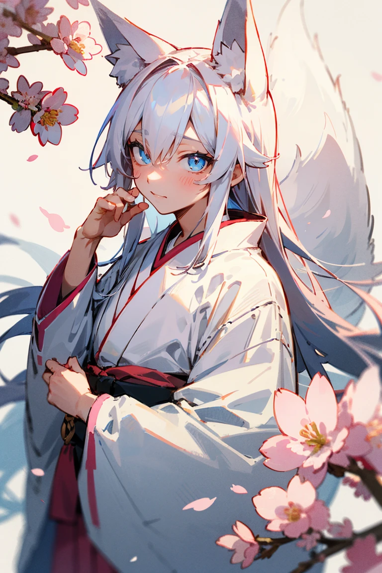 Male, long hair, Blue eyes, Sharp pupils, White Fox ears, white Fox tail, wearing pink kimono, long sleeves, Sakura flowers, cheeky expression, teasing expression, playful