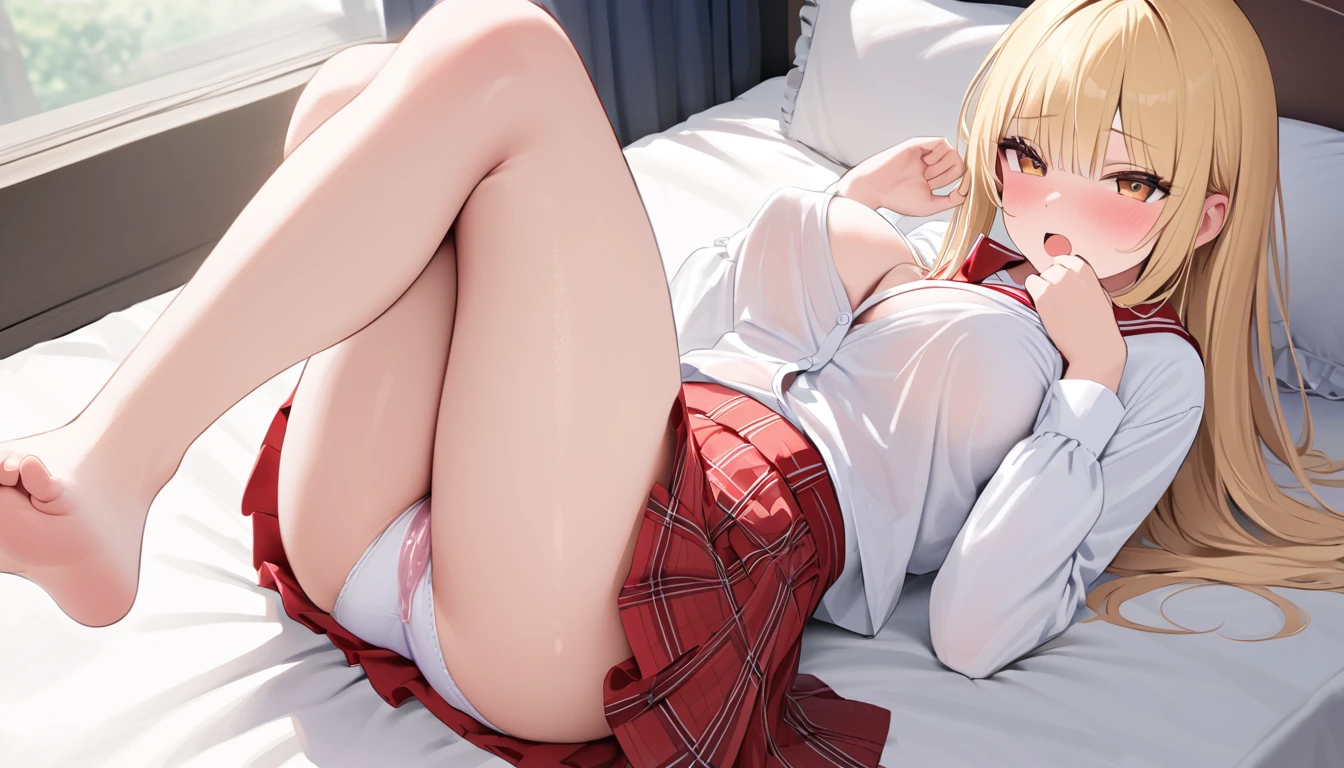 lying girls up to down from viewer's face, 1girl solo focus, a girls half closed eyes looking down and super open big mouth face, open legs and super loose socks feet and wearing satin cute panties, loafer soles up straddle sitting male abdomen missionary, (on the pink cute bed), She lies on the bed on her back, (overflowing with love juice:1.4), You push her down on the bed, Beautifully breasts exposed by the unbutton open front outer shirt, (Masterpiece, Super realistic, Super details, Super Highest Quality, Super Highest Quality), super cute and beautiful girl, (Mysterious atmosphere:1.3), You are male professional photographer, Japanese gal, For dark brown eyes, Blonde yellow hair, Pink ribbon, gal make-up, False eyelashes, Pearl pink lips, Unbuttoned out Hemmed sailor red open collared open front white shirt, (Very thin shirt:1.3), beautiful focus, big open mouth, (brown eyes:1.4), big round chest, BREAK, (Half down two side up blonde very long hair style:1.4), (Wider at the hem flabby large in size Super Loose Socks:1.4), (wear loafer:1.2), An innocent , (skin fang:1.2), super happy smile, evil smile, Extremely Realistic, big open mouth ahegao orgsming face, half close eyes, (With white ruffled hem red plaid pleat mini skirt girls:1.4), POV thighs push hands, (Shirt open outer outfit:1.4), super photo realistic, (Outfits with lots of frills:1.4), (White ruffles lots of in red skirt:1.6), (Very thin Long bangs over the eyes, Brown cartoon eyes:1.3), (Half head back:1.2), self shirt lift breasts exposed, rise your hands rabbit pose, super orgasming face, (Riko Mine from HidannoAria:1.2), beautiful camel toe, one legs up,score_9, White ruffled long sleeves, white ruffled skirt hem, wearing shiny satin bikinis, (One leg up wear loafea sole that seems to be stepping on the viewer's face:1.4). duck mouth, (white ruffled style mini skirt:1.4), slim thighs, slim waist, slim legs,
