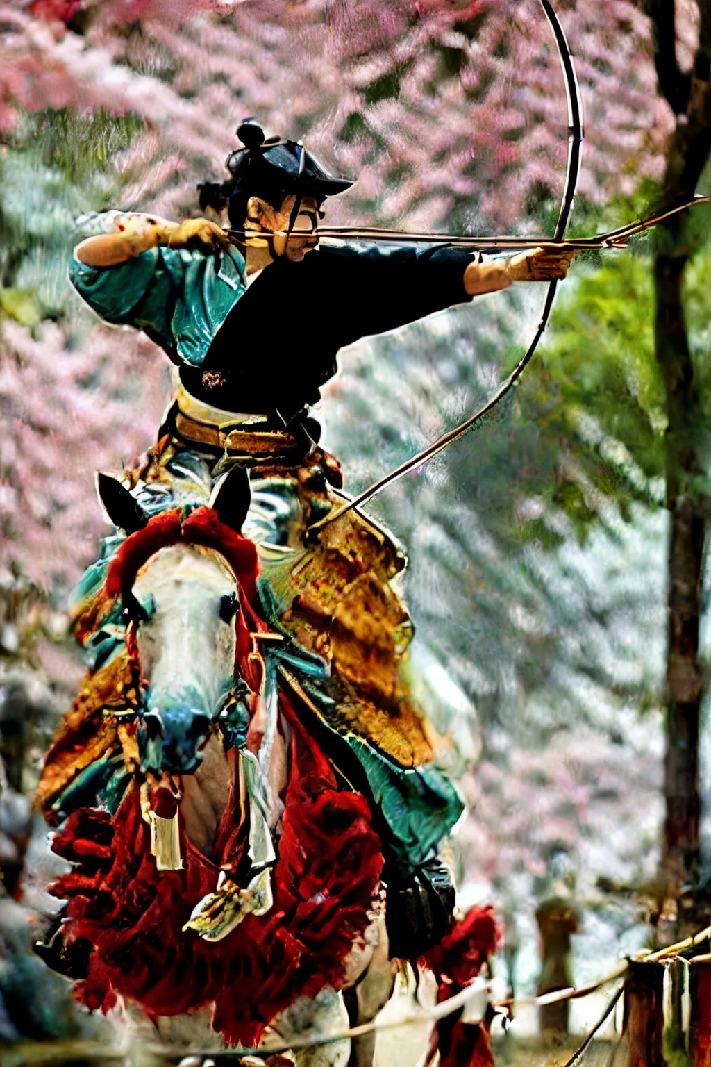 (masterpiece, best quality:1.2), yabusame, beautiful girl, horseback riding, (holding bow in left hand:1.2), long bow, (holding arrow:1.2), (kaburaya:1.2), kyudou-hikiwake, outstretched arm, black igote, deerskin mukabaki, galloping horse, red munagai, sea side,