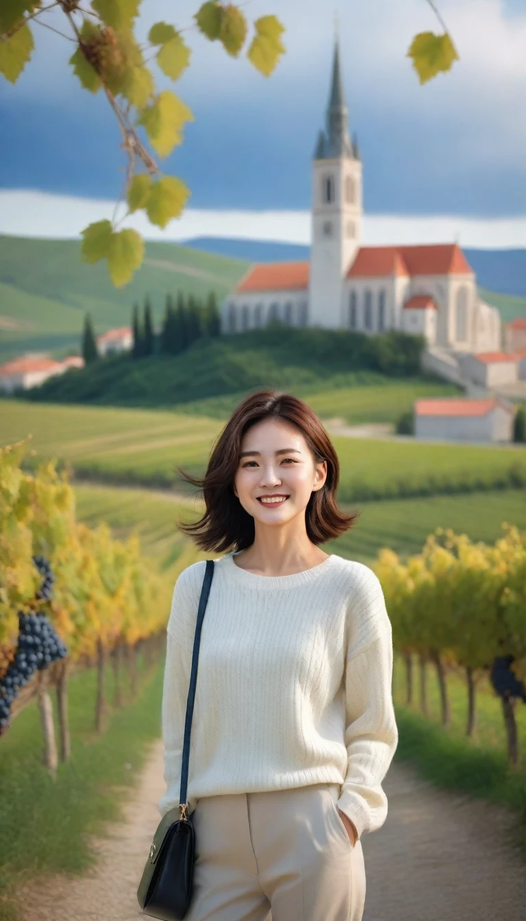 8k best picture quality, Beautiful 36-year-old Korean woman, Chest size 34 inches, View of a cathedral next to a vineyard in the Croatian countryside, Back background realistic and vivid image quality, Short and medium hair blowing in the wind, Wearing high-end luxury brand casual jumpers and pants, smile slightly. The background is clear