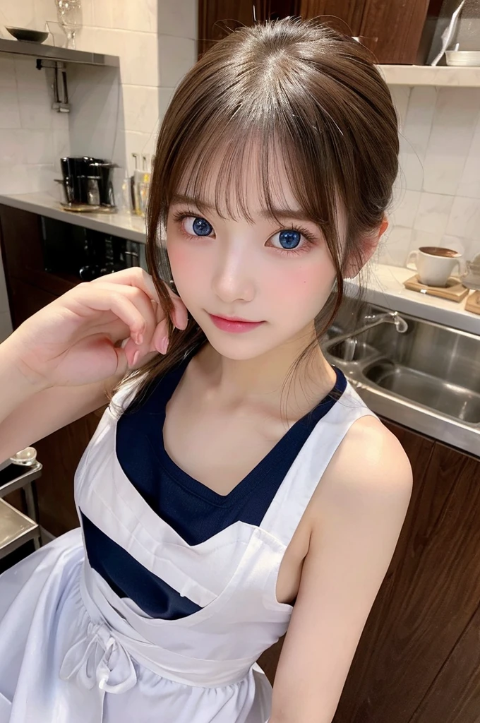 (Full body photo)、 girl), (Perfect hands:1.2), (Perfect Anatomy:1.2), (Highest quality:1.3), (masterpiece:1.3), (Very detailed:0.8), 18-year-old, Perfect Face, Cute and symmetrical face, Baby Face, Pink Lips, (:1.1), High resolution, 8K, Happy, charm的な (toru asakura: 1.3), (Beautiful Face: 1.1), beautiful girl, cute, charm, beautiful detailed 顔, blue eyes, detailed 目s, Sparkling eyes, charm的な目の反射, Sparkling eyes, Pupil depth and three-dimensional effect, Small breasts、Detailed skin, Shiny skin, Cafe、Small Head,Small breasts、B cup breasts、Naked Apron、lean forward and see the nipples