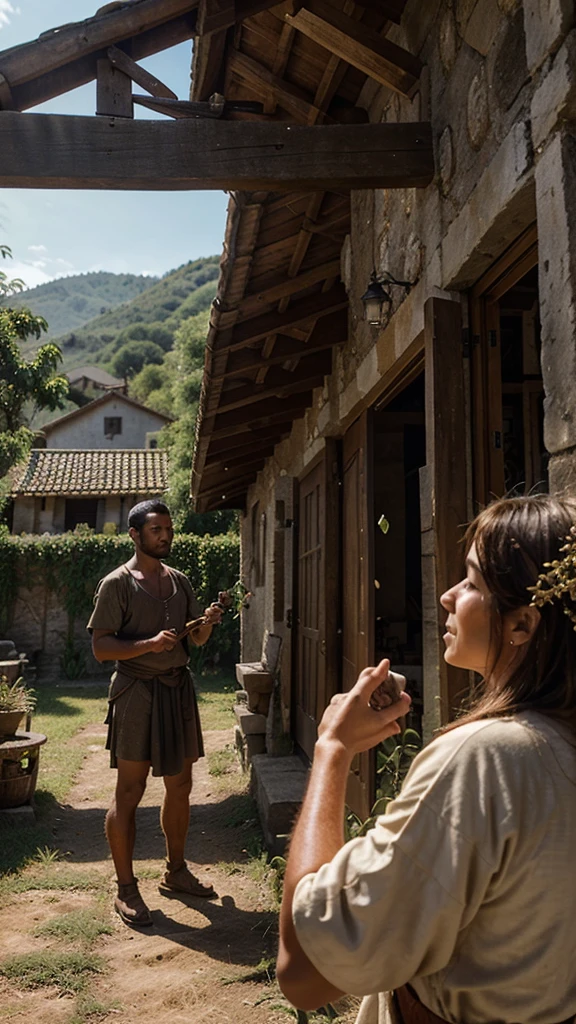 Illustrate a humble farmer, João, receiving a glowing, magical seed from a wise, old sage in a picturesque village setting.