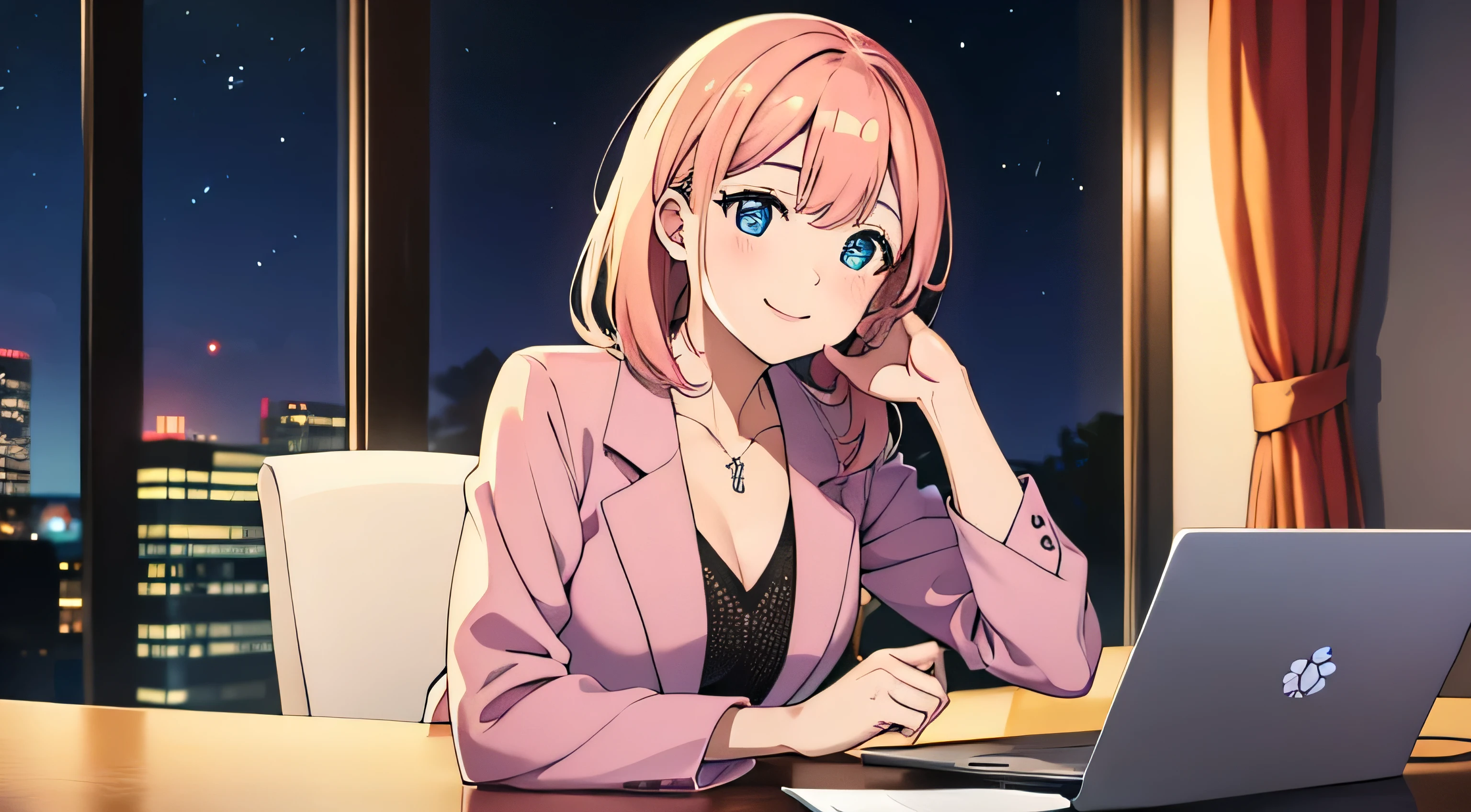 A very pretty adult woman。Smiling while looking at a computer in a room at night